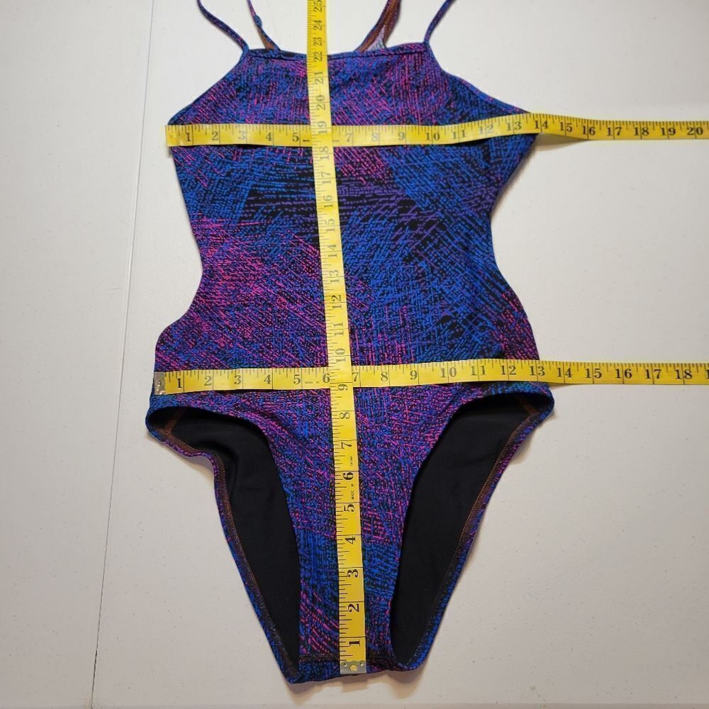 Speedo Endurance Blue Purple Hot Pink Patterned One Piece Swimsuit Open Back - Picture 10 of 16